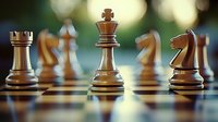 Wooden chess pieces on board with dramatic lighting and shallow depth of field, queen in focus against blurred knights and rook pieces in background.