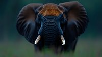 Majestic African elephant with large tusks facing camera against blurred green background, wildlife portrait suitable for nature documentaries, educational materials, and conservation campaigns.