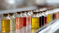 Row of small glass bottles with cork stoppers containing colorful liquid samples in yellow, clear, red, and amber hues for laboratory testing or essential oils.