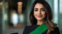 Young South Asian businesswoman in professional attire smiling confidently while holding digital tablet in modern office environment with blurred background.