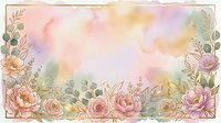Watercolor floral frame with soft pastel roses, peonies, and botanical elements on light background, suitable for wedding invitations and greeting cards.