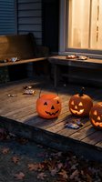 Halloween pumpkin jack-o-lanterns glowing on wooden porch steps with scattered candy for trick-or-treat night celebration and autumn holiday decorating.
