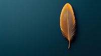 Golden feather on dark teal background with dramatic lighting and shadow, minimalist composition showcasing delicate texture and natural form. Suitable for spiritual and wellness designs.