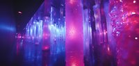 Glowing ice crystals and frozen formations in purple and blue neon lights create magical winter atmosphere with bokeh effects and lens flares in dark space.