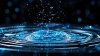 Macro shot of water drop impact creating concentric ripples with blue lighting effect and bokeh background, capturing moment of splash and liquid dynamics.