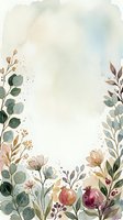 Watercolor floral border frame with pomegranates, eucalyptus, and wildflowers on white background for wedding invitations and cards.