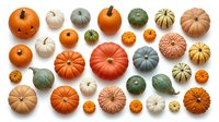 Colorful autumn pumpkins and gourds collection arranged on white background. Seasonal harvest decoration for fall holidays and thanksgiving celebrations.