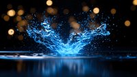 Glowing blue water splash with droplets creating dynamic motion effect against dark background with golden bokeh lights and reflection on surface.