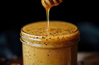 Golden honey dripping from wooden dipper into glass jar with bubbles on dark background for natural food and wellness concepts.