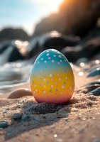 Colorful Easter egg with polka dot pattern on sandy beach at sunset, bokeh light effects in background creating magical holiday atmosphere.