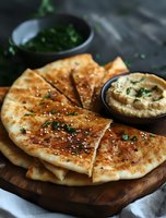 Freshly baked naan bread with sesame seeds and herbs served on wooden board alongside hummus dip and chopped parsley garnish, rustic food styling.