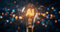 Glowing light bulb with AI letters inside filament against dark background with circuit board patterns and bokeh lights for technology innovation concepts.