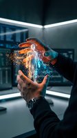 Hands holding glowing holographic human figure with digital particles in modern office environment for technology and innovation concepts.