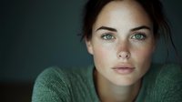 Young woman with freckles and striking blue eyes in soft natural light against green background, close-up portrait showing natural beauty and authentic expression.