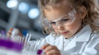 Young girl in lab coat and safety glasses conducts science experiment with colorful test tubes in research laboratory, inspiring future STEM education and discovery.
