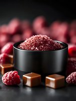 Red raspberry sugar crystals in black ceramic bowl with fresh berries and caramel chocolate candies on dark background, macro food photography.