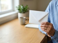 Person of African descent in light blue shirt holding blank white envelope at wooden desk with potted plant and window, suitable for business correspondence and professional communication concepts.