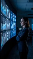 Professional businesswoman analyzing financial data on multiple digital screens in modern corporate office environment for business intelligence applications.
