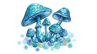 Blue and teal watercolor mushrooms with swirling patterns, isolated on white background, ready for print, textile, and clipart design use.