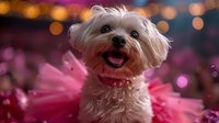 Happy Maltese dog wearing pink tutu dress against blurred bokeh background with festive lights, expressing joy with open mouth and bright eyes.