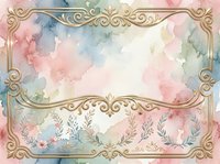 Watercolor floral background with ornate gold frame border, soft pastel pink, blue, and green tones, botanical elements, elegant decorative design for invitations and cards.