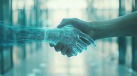 Human hand shaking with digital holographic hand in futuristic corridor, representing AI partnership and technological advancement.