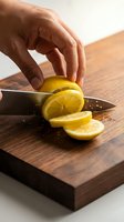 Adult hand slicing fresh lemon on wooden cutting board with chef knife. Food preparation and cooking concept for culinary, recipe, and kitchen design use.