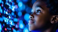 Young African American child looking up at glowing digital data visualization with blue bokeh lights, representing future technology and innovation in education.