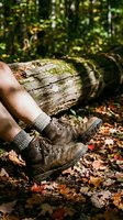 Hiker resting legs on fallen log in autumn forest wearing brown leather boots and wool socks surrounded by colorful fallen leaves for outdoor adventure.
