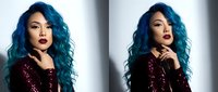 Young Asian woman with vibrant blue curly hair wearing burgundy sequined top against gray background, fashion portrait for beauty and style concepts.