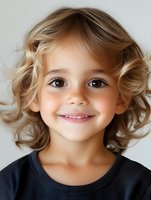 Young child with curly blonde hair and bright smile wearing black t-shirt against light background, portrait orientation for family and lifestyle advertising.