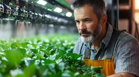 Mature Caucasian male farmer with gray beard examining microgreens in modern hydroponic greenhouse facility wearing orange apron and gray shirt, sustainable agriculture.