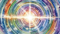Futuristic digital technology background with colorful circular data visualization and bright central light burst for tech presentations.