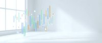 Colorful candlestick chart floating in bright office space with window light, representing stock market data, financial analysis, trading trends, and investment growth for business presentations.