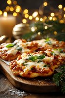 Homemade mini pizzas with melted mozzarella and fresh basil on wooden board with festive Christmas decorations and bokeh lights in background.