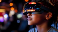 Young African American woman wearing virtual reality headset with colorful bokeh lights reflecting in visor, experiencing immersive technology with subtle smile.