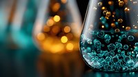 Sparkling turquoise bubbles rise in wine glass against blurred golden bokeh background creating magical atmosphere for celebration and festive moments.