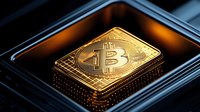 Golden bitcoin bar on dark background with dramatic lighting and reflective surface creates luxurious cryptocurrency concept for financial technology and digital money.
