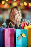 Young woman covering face with hands behind colorful shopping bags with price tags against blurred bokeh lights background, expressing shopping excitement.