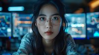 Young Asian woman in round glasses looking directly at camera with confident expression against blurred night city lights and blue neon background.