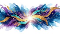 Abstract flowing waves in vibrant blue, purple and gold colors with bright central light burst creating dynamic energy movement on white background.