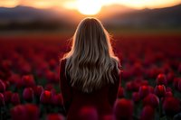 Young woman with long blonde hair standing in vibrant red tulip field during golden sunset, back view silhouette against mountain landscape for wellness concepts.