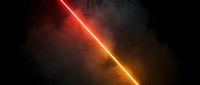 Bright red and orange laser beam cutting through dark smoky atmosphere with glowing light effects, dramatic energy concept.