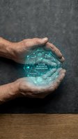 Male hands holding glowing holographic sphere with future readiness framework diagram, displaying interconnected nodes for adapt, foresight, resilience, sustainability concepts.