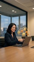 Professional Hispanic businesswoman using laptop with digital real estate icons in modern office overlooking city skyline for property technology solutions.