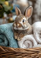 Adorable brown bunny with blue eyes resting in wicker basket with cozy turquoise and white towels, creating warm and comforting domestic atmosphere.