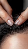 Close-up of manicured fingers examining scalp and hair roots during trichology or dermatology consultation, demonstrating professional hair and skin care examination.