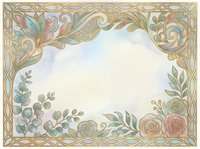 Elegant floral frame with roses, eucalyptus, and gold ornamental border on soft watercolor pastel background, perfect for wedding cards and invitations.