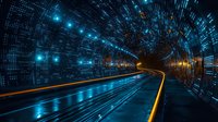 Futuristic tunnel with glowing digital matrix pattern and curved road. Blue technology lights create dynamic perspective with orange light trails and reflective surface.