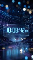 Digital clock display showing time 10:08:42 PM floating over futuristic circuit board with glowing blue lights and bokeh effects for tech presentations.